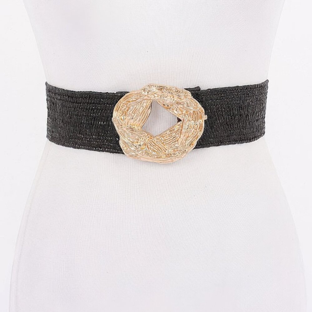 Metal Buckle Elastic Faux Straw Belt